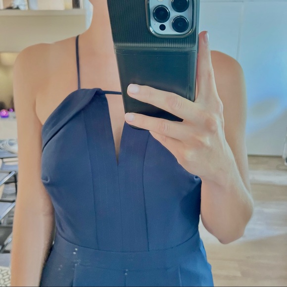 Navy Blue Wide Leg Ankle Jumpsuit - Picture 2 of 6